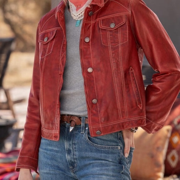 Chili red “Homestead Dreams” denim style leather jacket. No tags never worn - Picture 5 of 6